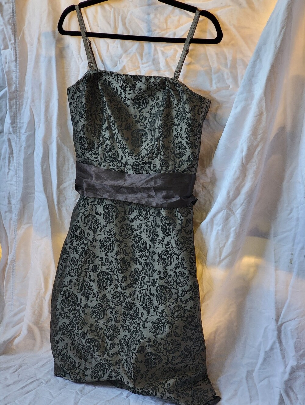 Strapless RW & Co. Brocade A-Line Party Dress with Satin Bow - Taupe & Black - Picture 3 of 13